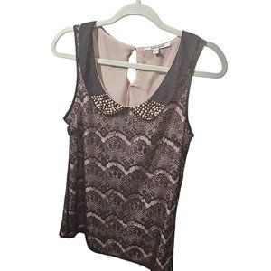 Daniel Rainn Womens Sleeveless Lace Top With Pearl Embellished Collar Black/Pink